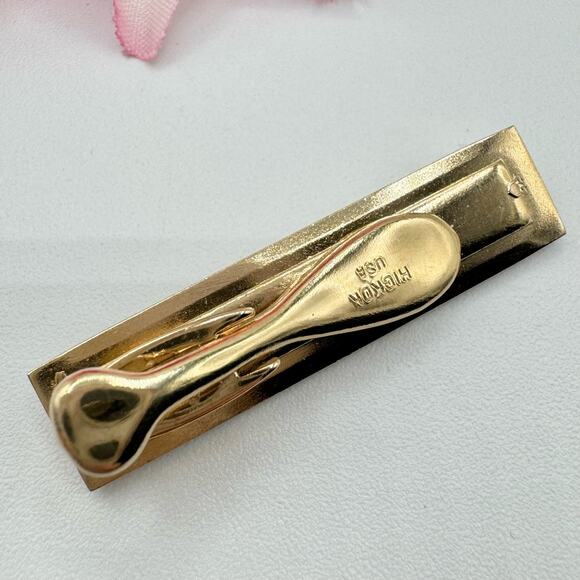 Vintage Hickok Quilted Leather Tie Clip Bar Rich Brown Gold Tone Classic Signed - Picture 5 of 10